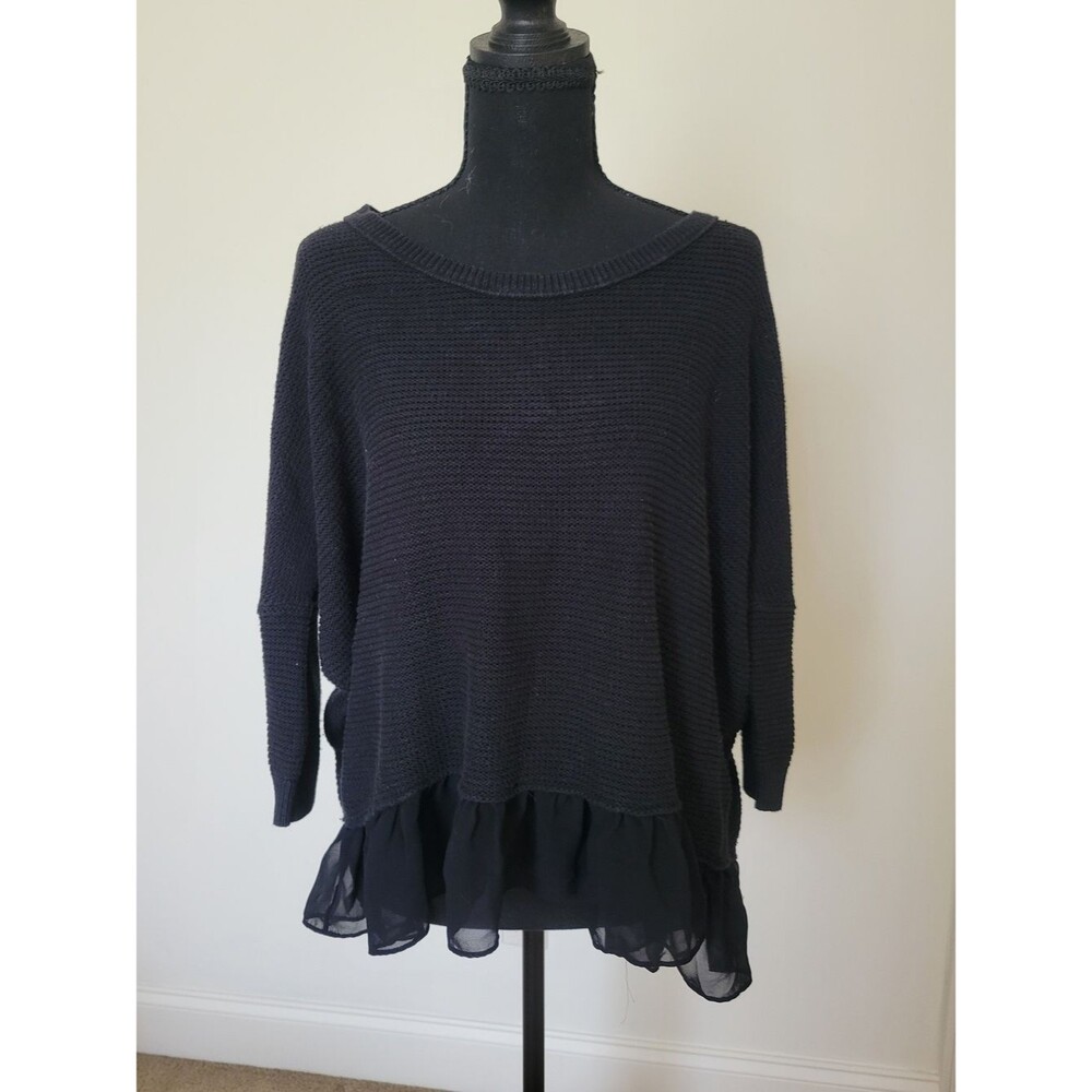 American Eagle Black Scoop-Neck Knit Sweater w/Chiffon Ruffle Hem Coquette S
